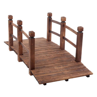 wooden garden bridge carbonized fir arch in backyard garden setting