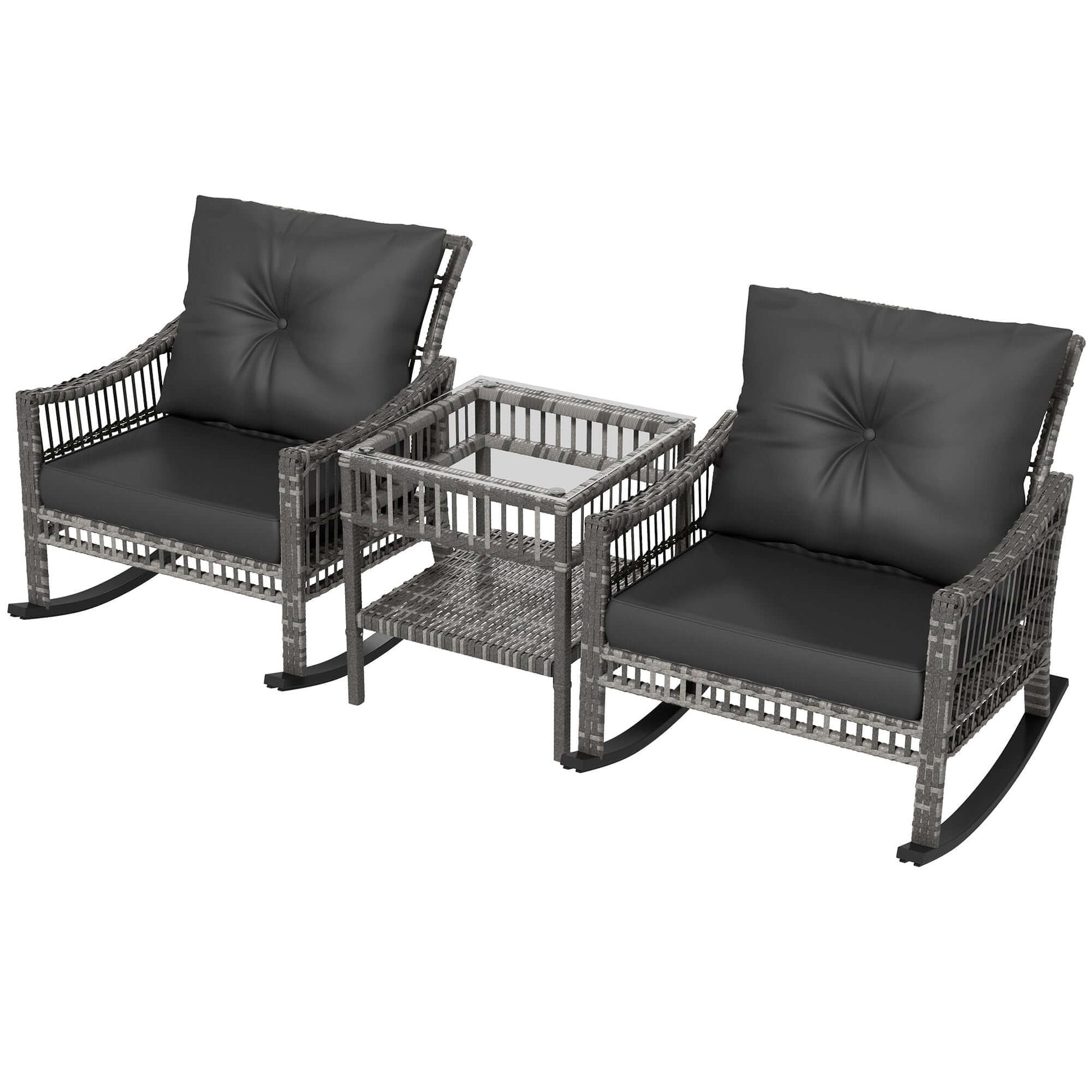 Outdoor rattan rocking chair set steel frame and storage shelf