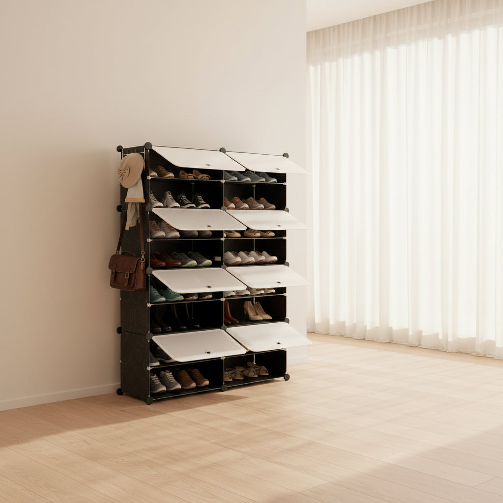 8-tier shoe storage cabinet with door open displaying organized shoe storage space