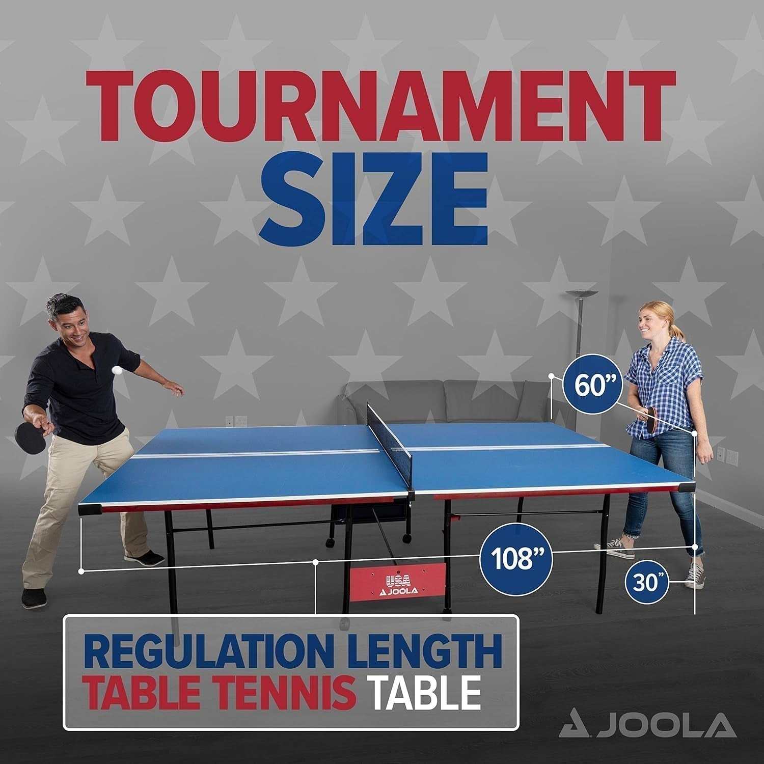 Foldable indoor ping pong table in patriotic red, white, and blue tournament size with easy storage and solo play option