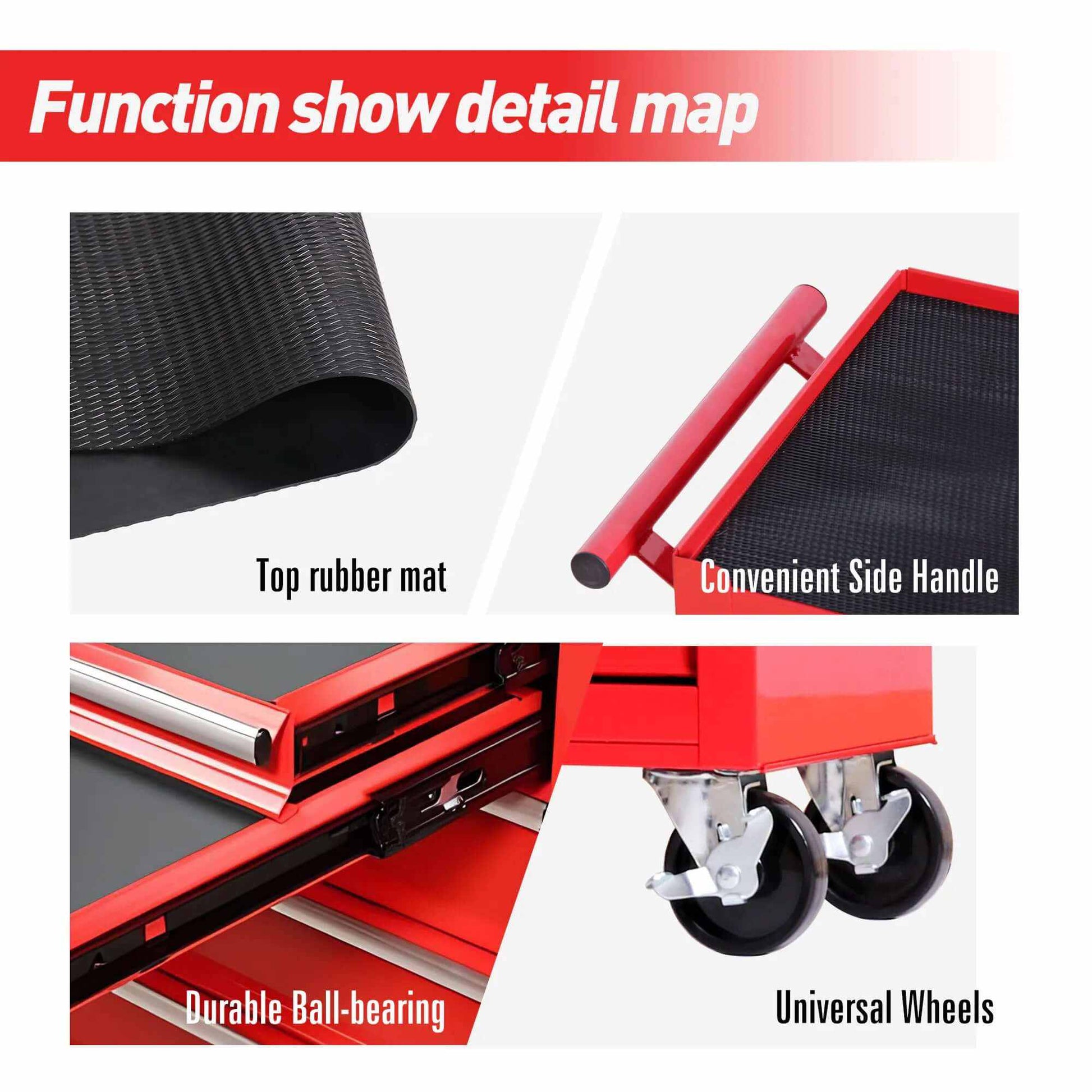 Close-up details of the Ultimate Rolling Tool chest showing top rubber mat, convenient side handle, durable ball-bearing drawer, and universal wheels