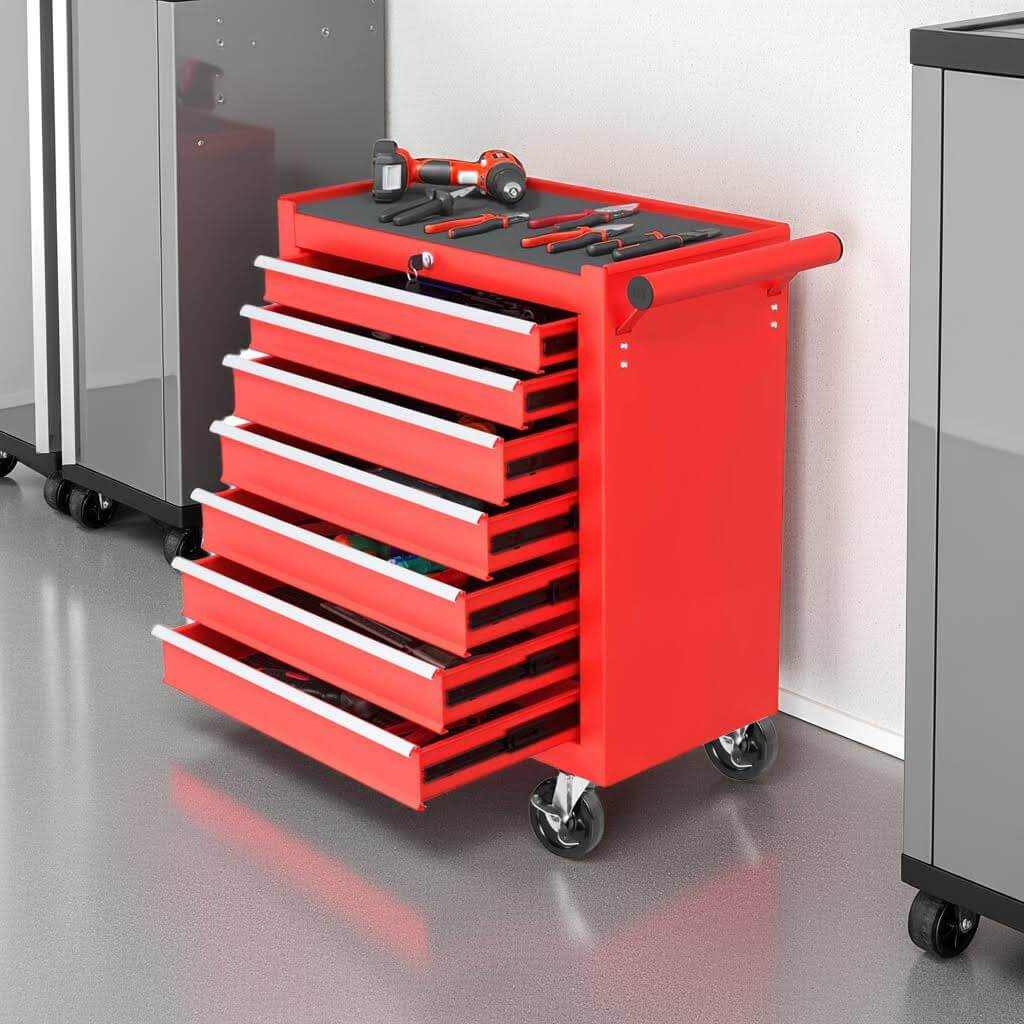 Red 7-drawer Ultimate Rolling Tool chest with heavy-duty wheels and tools on top in a workshop setting