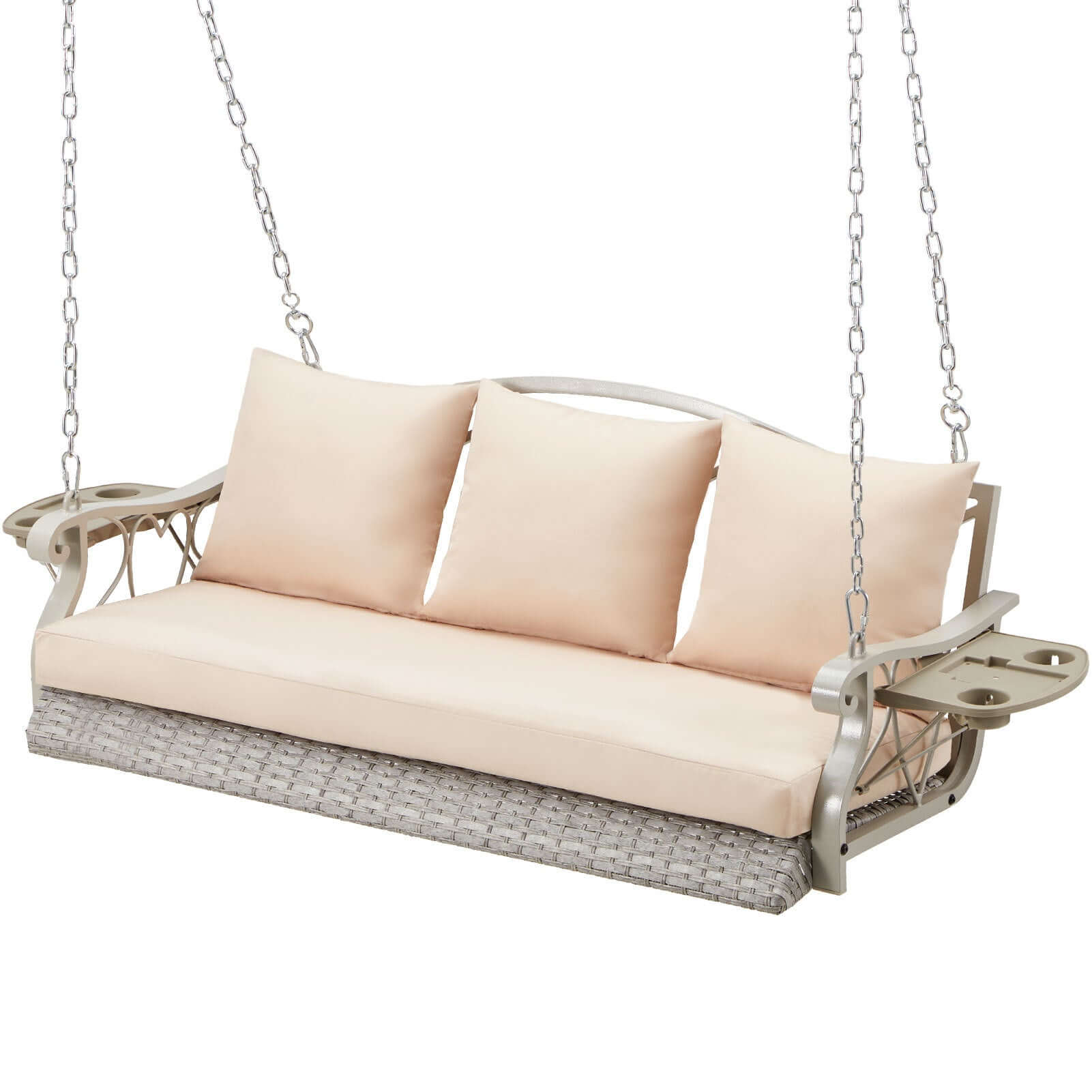 Garden Comfort Hanging Chair with soft cushions, perfect for relaxing on porches and in gardens.