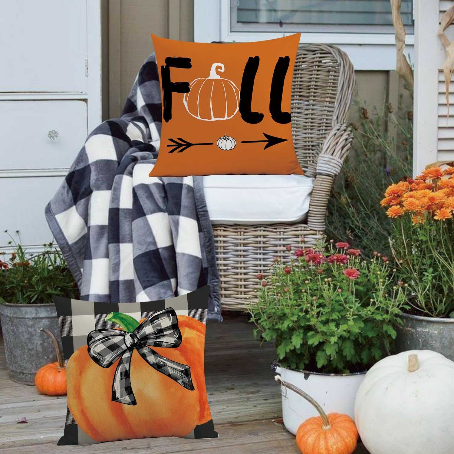 Charming Autumn Pillow Covers Set with fall pumpkin and plaid designs on porch chair with cozy blanket and seasonal plants