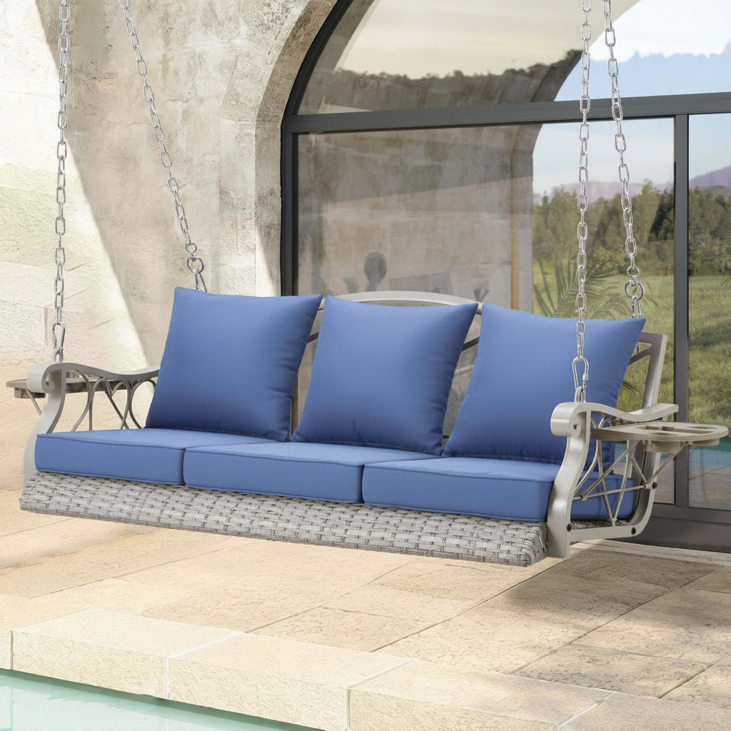Outdoor Porch Swing with blue cushions and side table, perfect for relaxation in gardens or patios