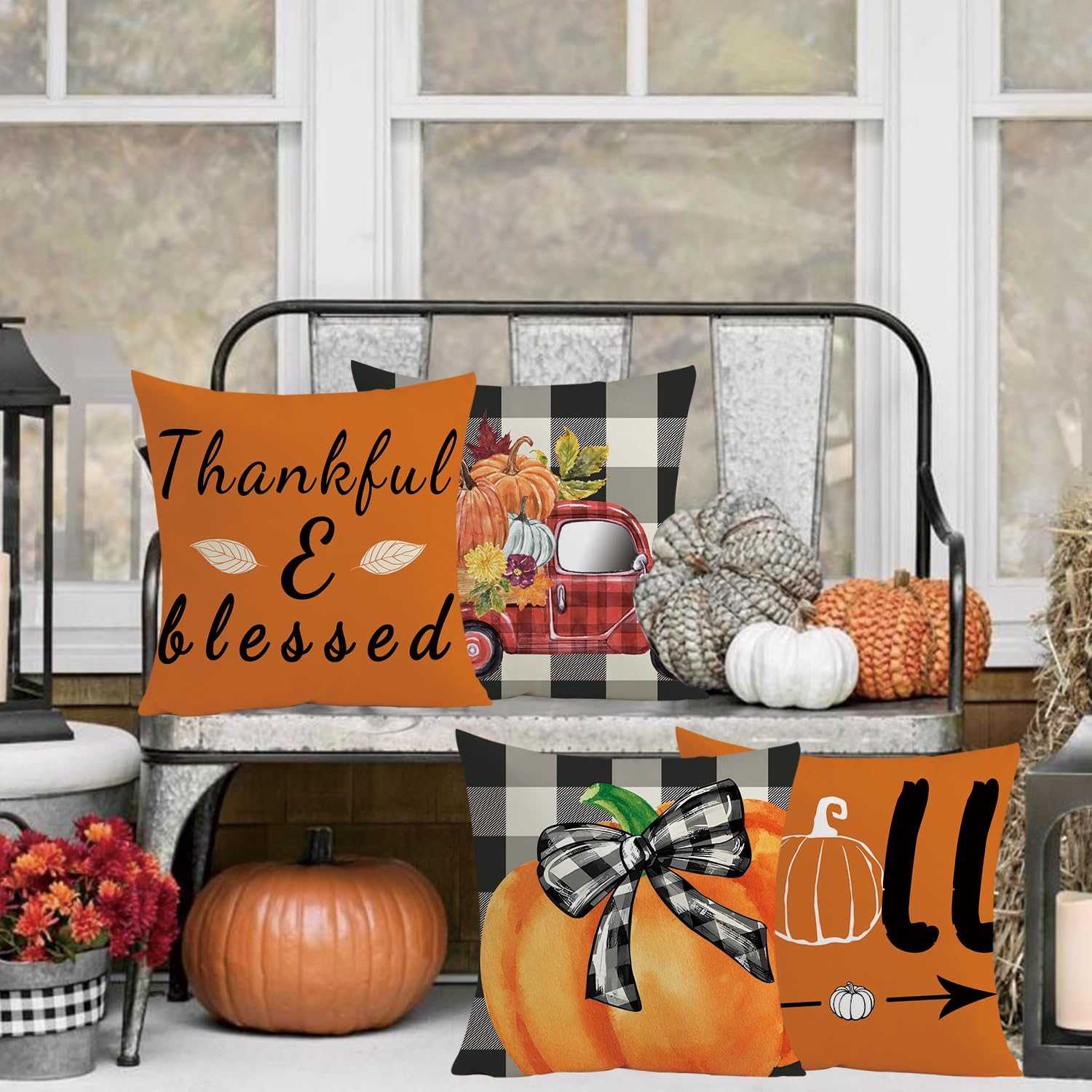 Charming Autumn Pillow Covers Set with fall pumpkin and thankful blessings designs on bench