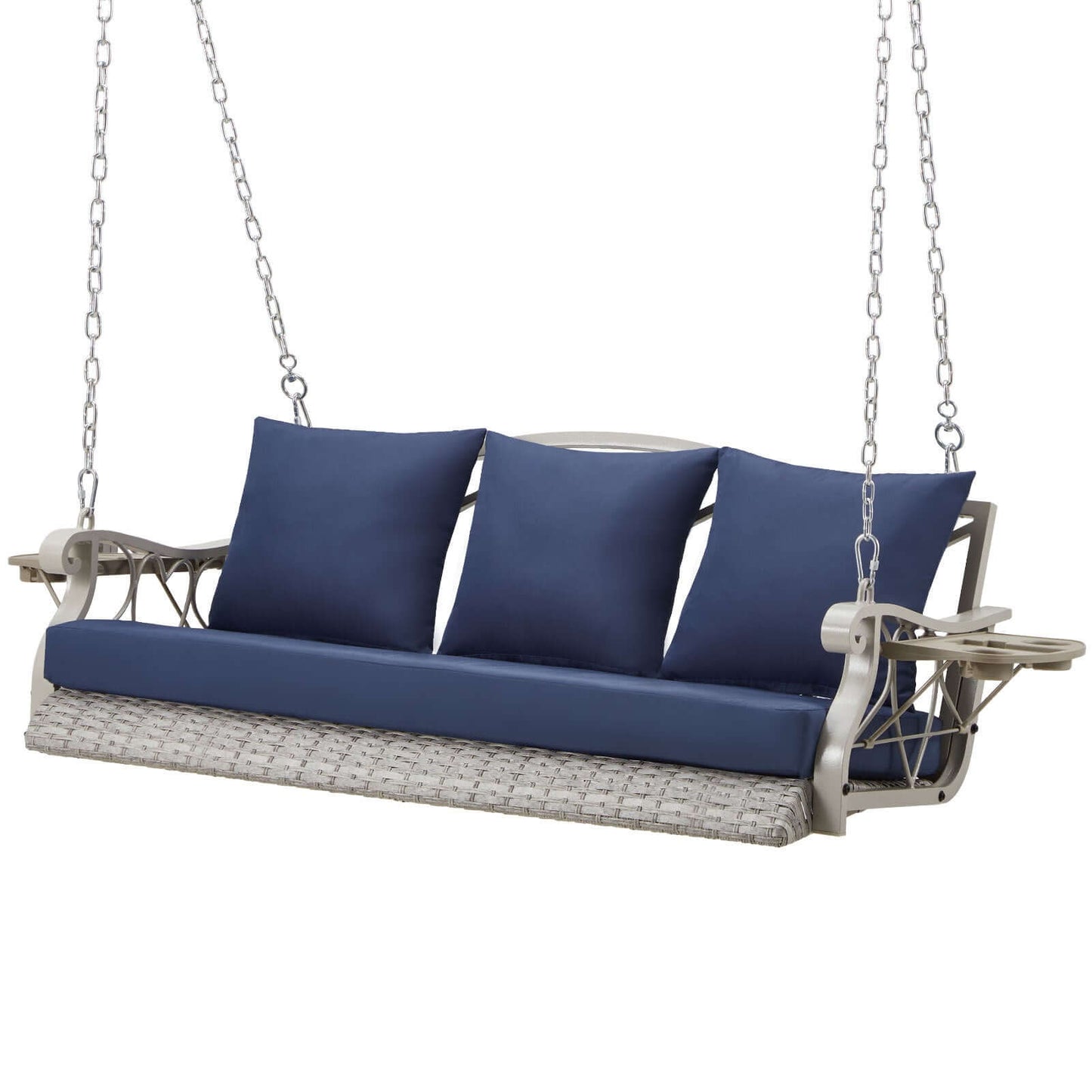 Garden Comfort Hanging Chair with navy cushions, perfect for relaxing on porches and in gardens.
