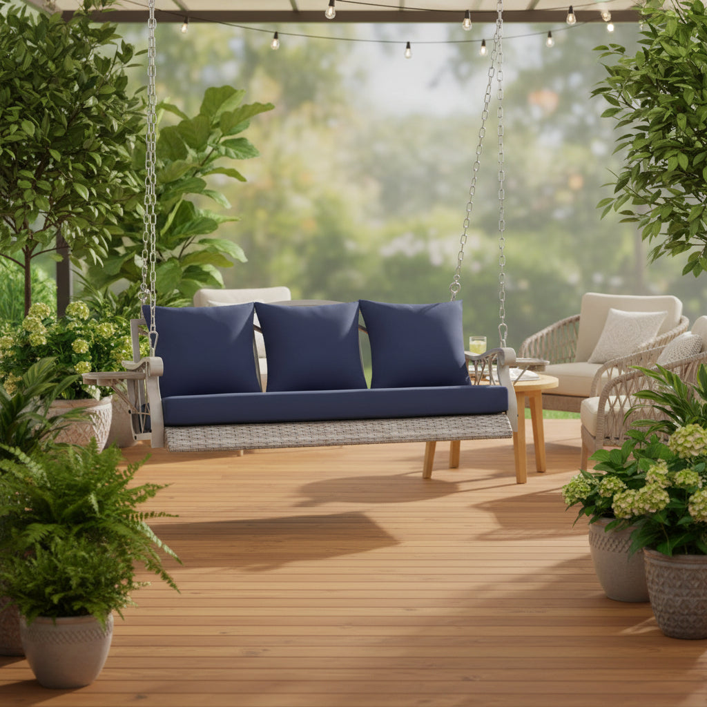 Outdoor Porch Swing with cushions and side table in a beautifully landscaped garden.