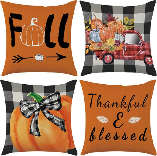 Charming Autumn Pillow Covers Set with fall pumpkin, vintage truck, plaid accents, and thankful message