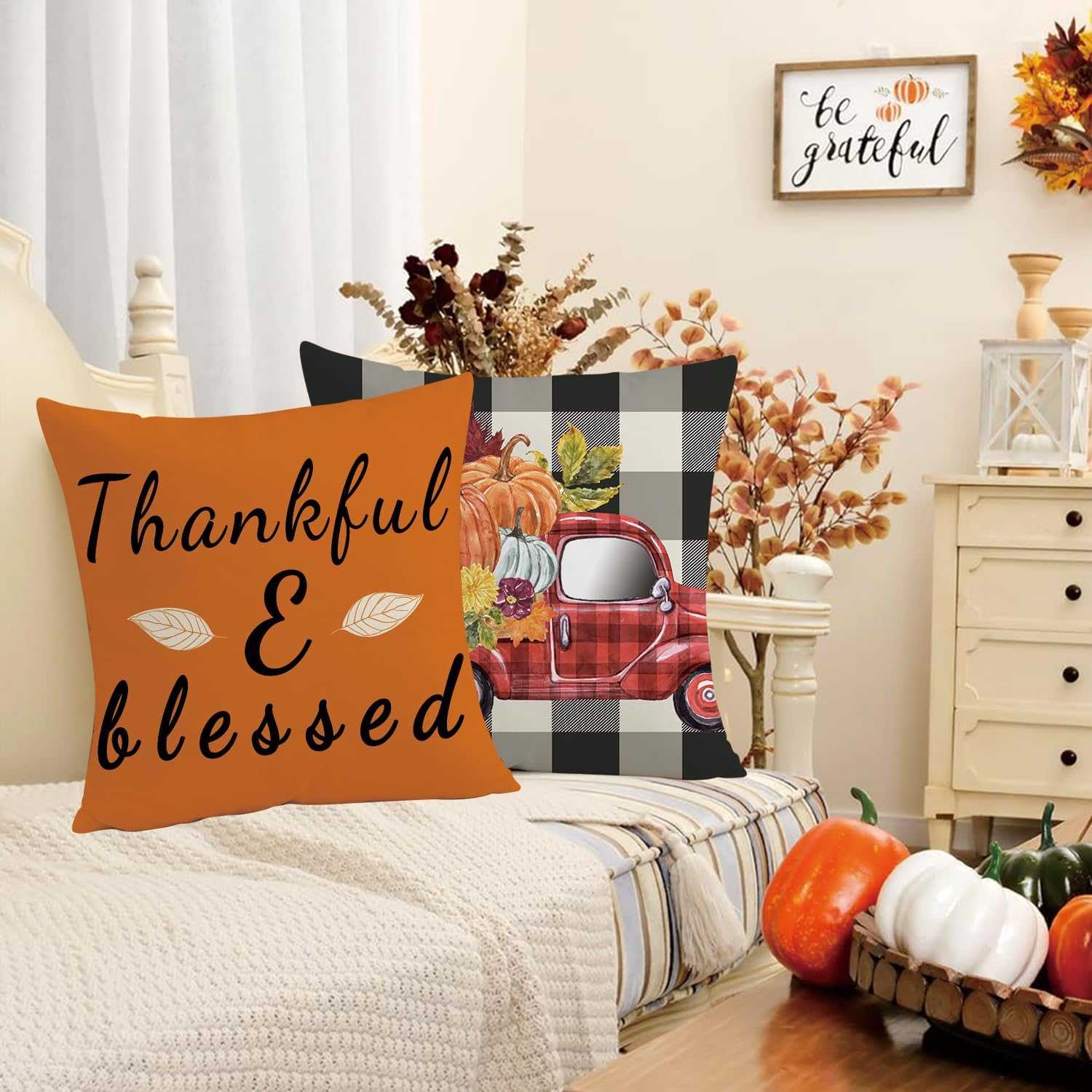 Charming Autumn Pillow Covers Set with thankful and vintage truck designs for cozy fall decor