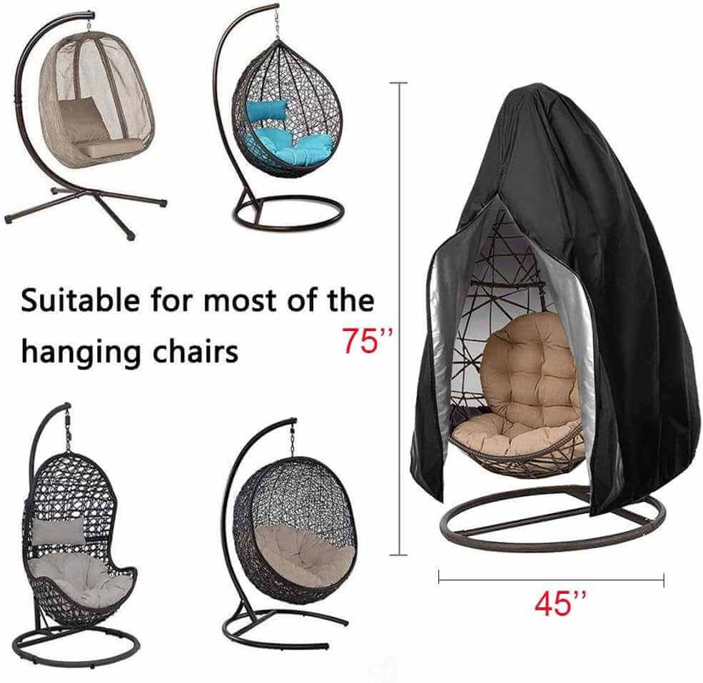 WeatherGuard Egg Chair Cover in black, water-resistant and UV protected, fits most hanging egg chairs 75x45 inches, with drawstring and zipper for secure fit.