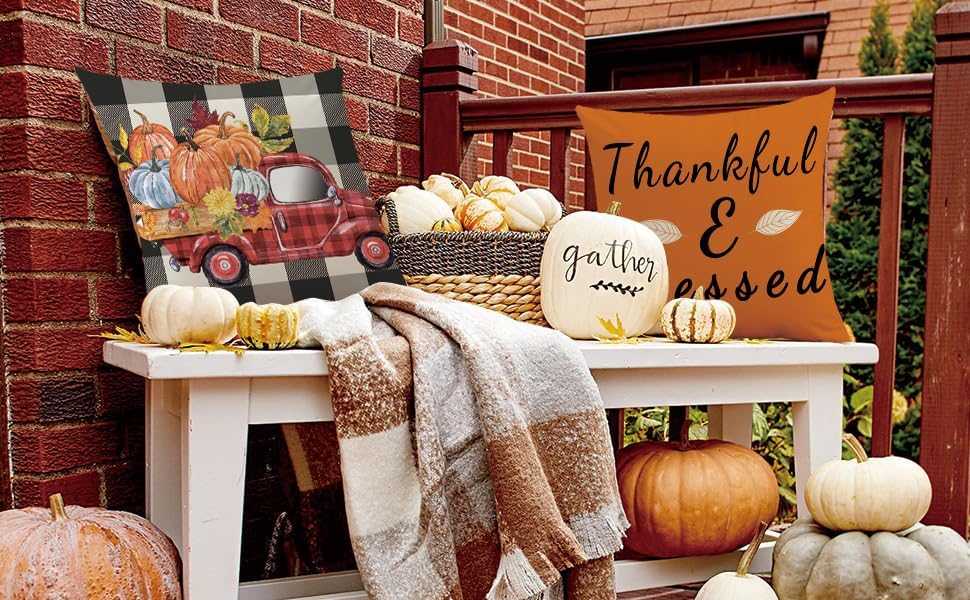 Cozy Charming Autumn Pillow Covers Set with fall pumpkins and plaid blanket on white bench