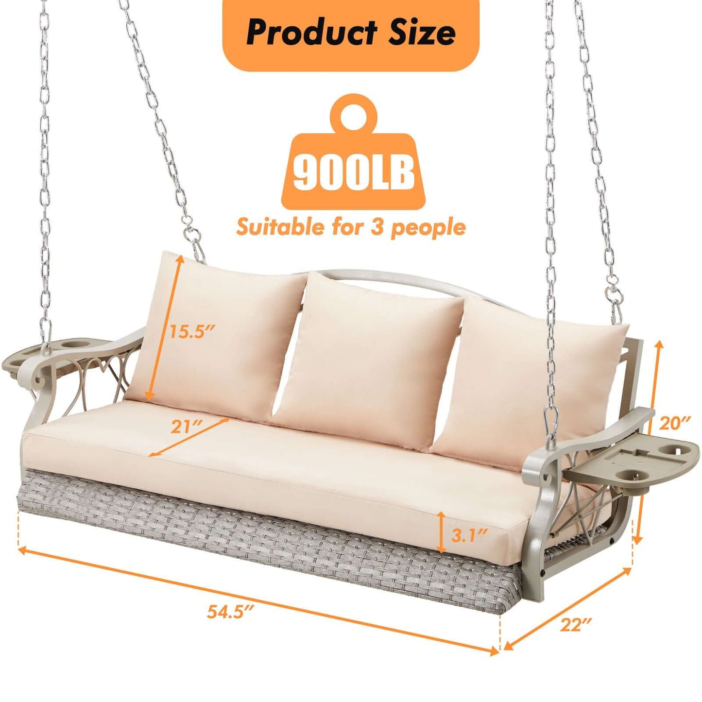 Product size chart for the Garden Comfort Hanging Chair, showing dimensions and capacity for 3 people.
