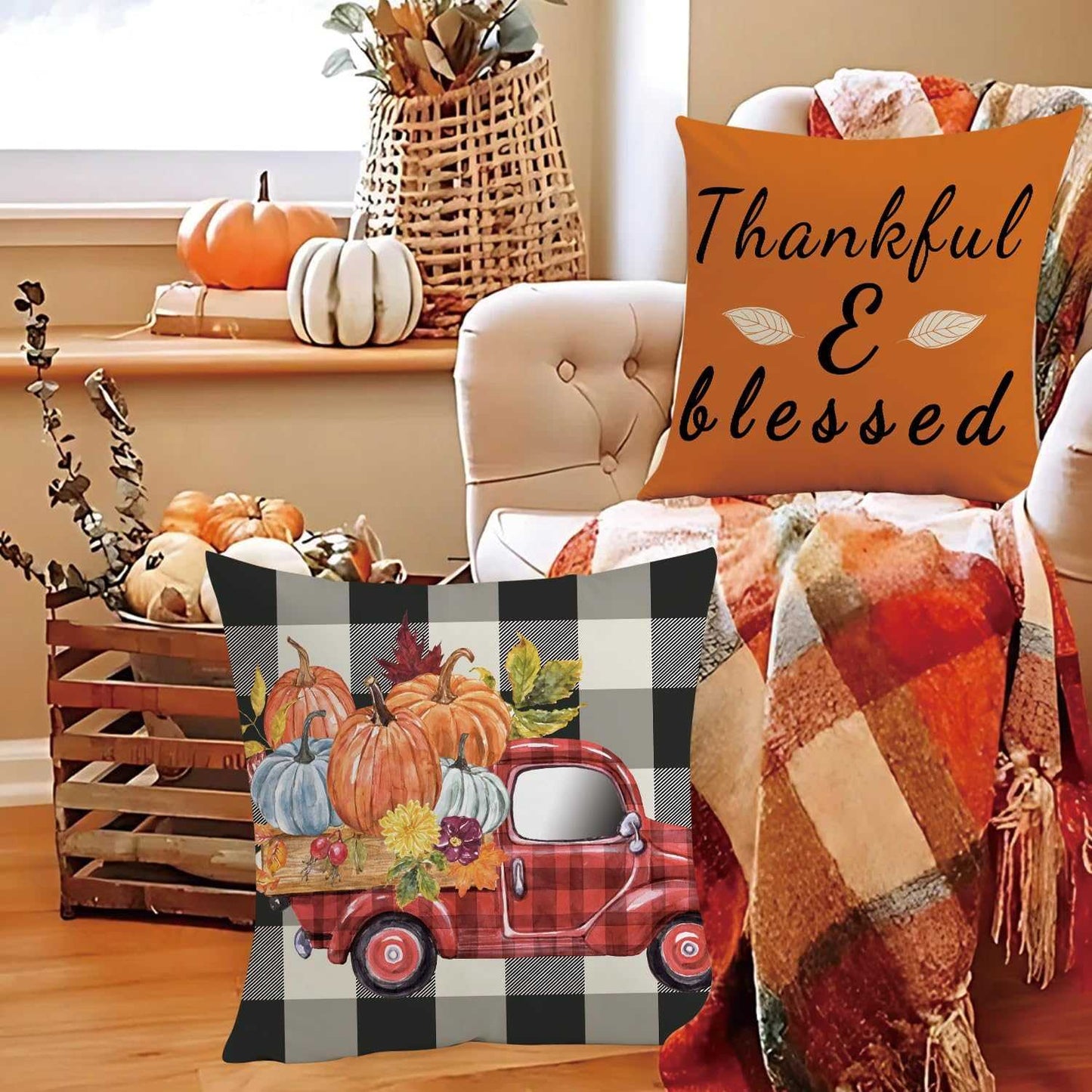 Charming Autumn Pillow Covers Set with fall pumpkins and cozy thankful themed designs