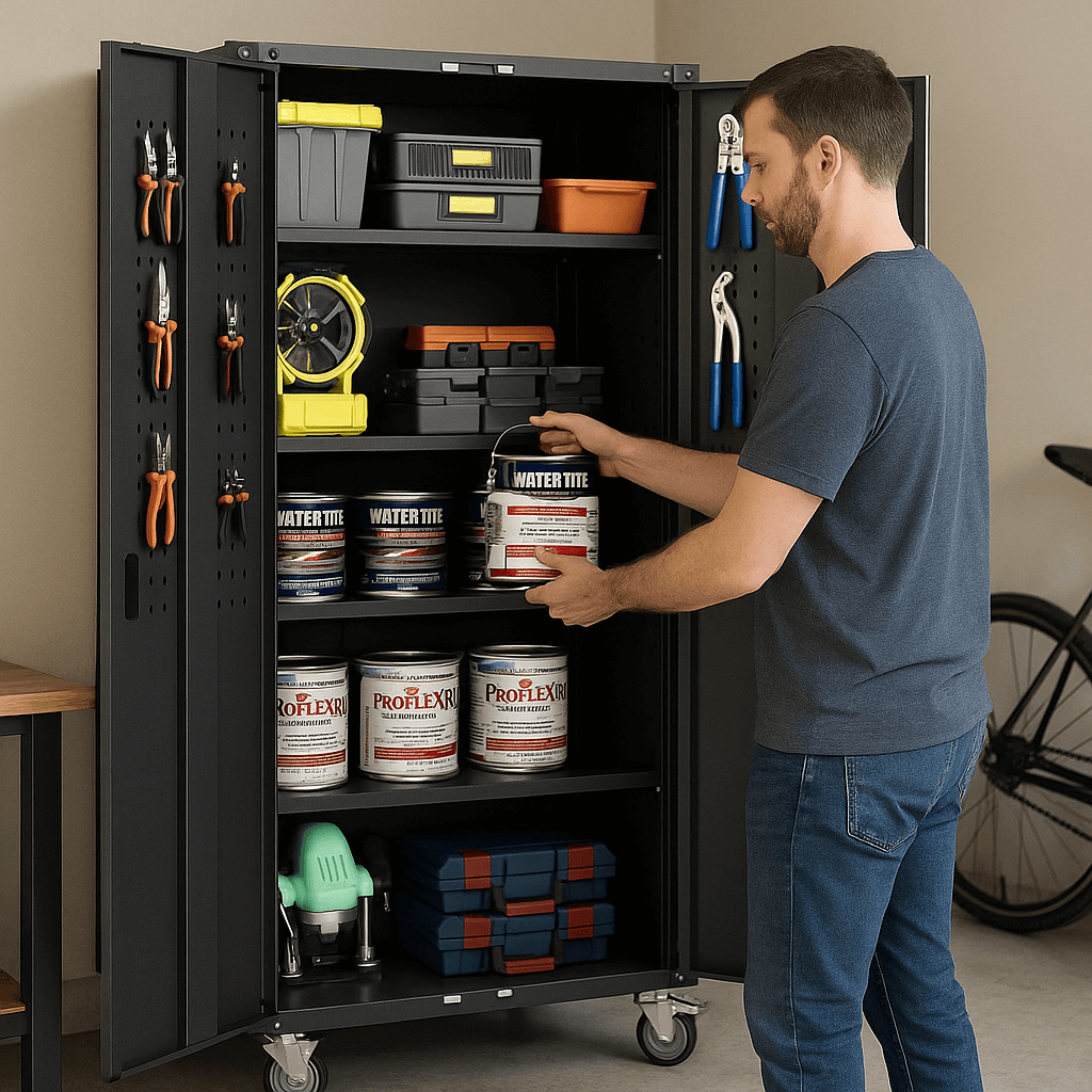 Man organizing paint cans and tools in black rolling garage organizer with lockable doors and adjustable shelves