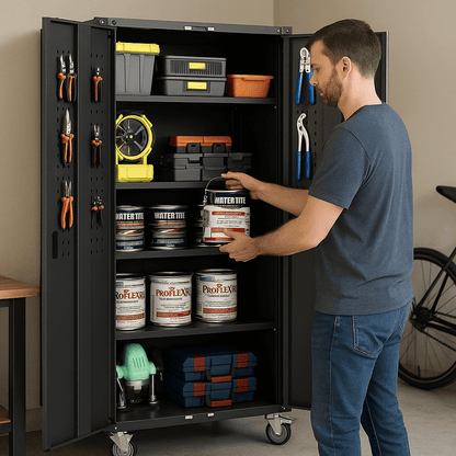 Man organizing paint cans and tools in black rolling garage organizer with lockable doors and adjustable shelves
