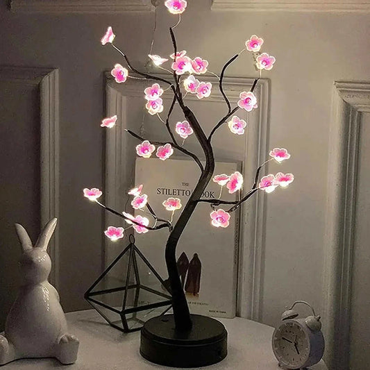 Cherry Blossom LED Bonsai Tree lamp with soft pink flowers, enhancing home decor and lighting.