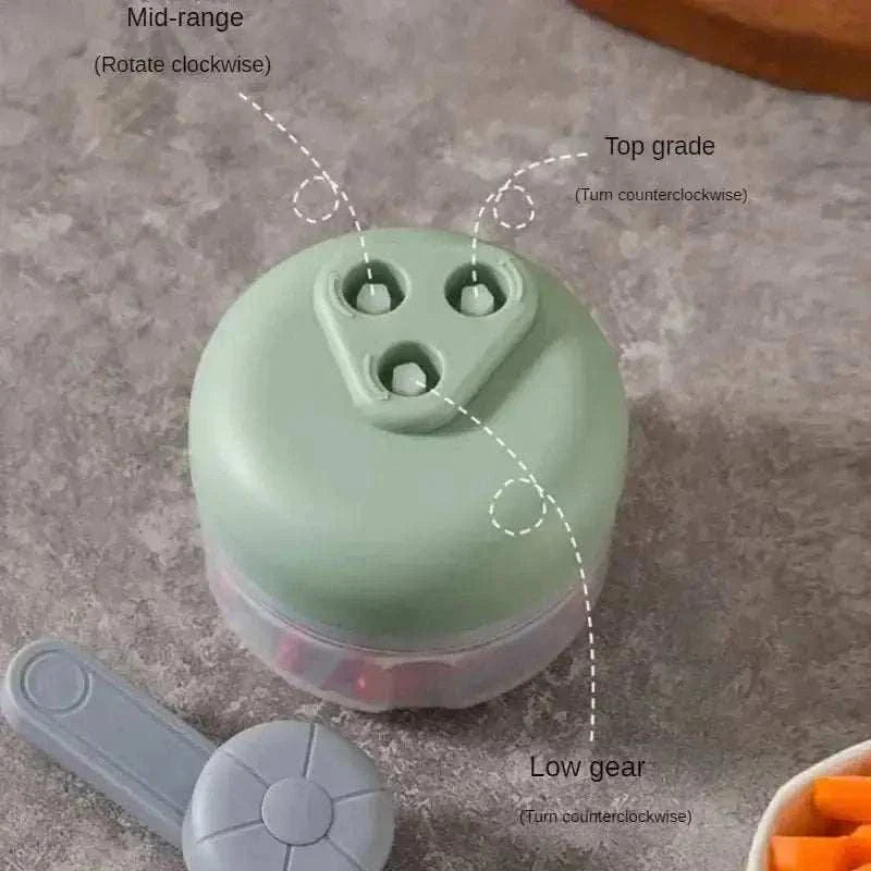 Close-up of a manual hand-crank food chopper showing settings for mid-range, top grade, and low gear on a countertop.