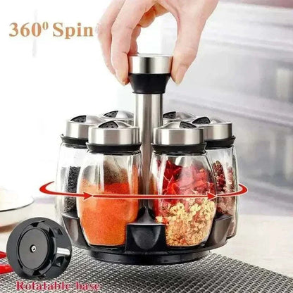360° rotating glass spice rack organizer set with transparent bottles for easy seasoning identification.