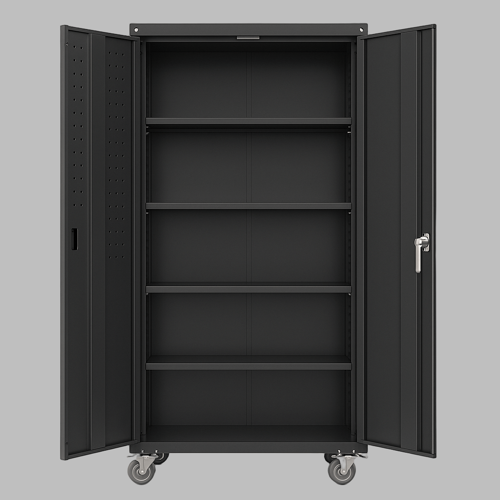 Rolling garage organizer with lockable doors, 4 adjustable shelves, heavy-duty build, and smooth-rolling wheels