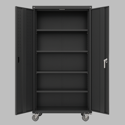Rolling garage organizer with lockable doors, 4 adjustable shelves, heavy-duty build, and smooth-rolling wheels